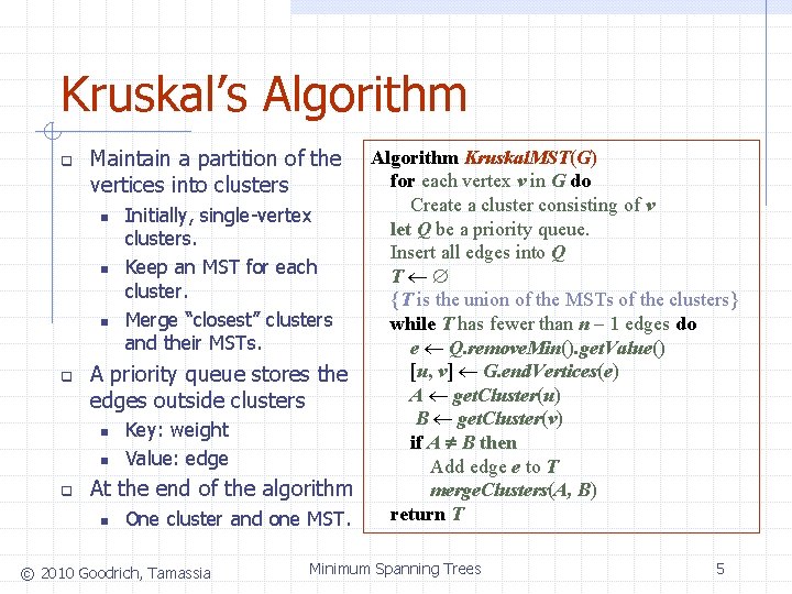 Kruskal’s Algorithm q q q Maintain a partition of the vertices into clusters Algorithm