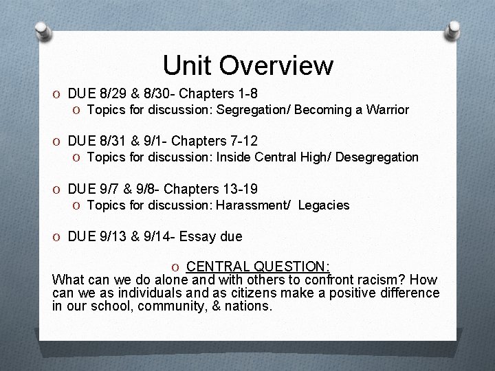 Unit Overview O DUE 8/29 & 8/30 - Chapters 1 -8 O Topics for