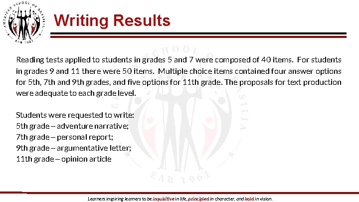 Writing Results Reading tests applied to students in grades 5 and 7 were composed