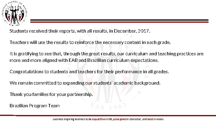 Students received their reports, with all results, in December, 2017. Teachers will use the