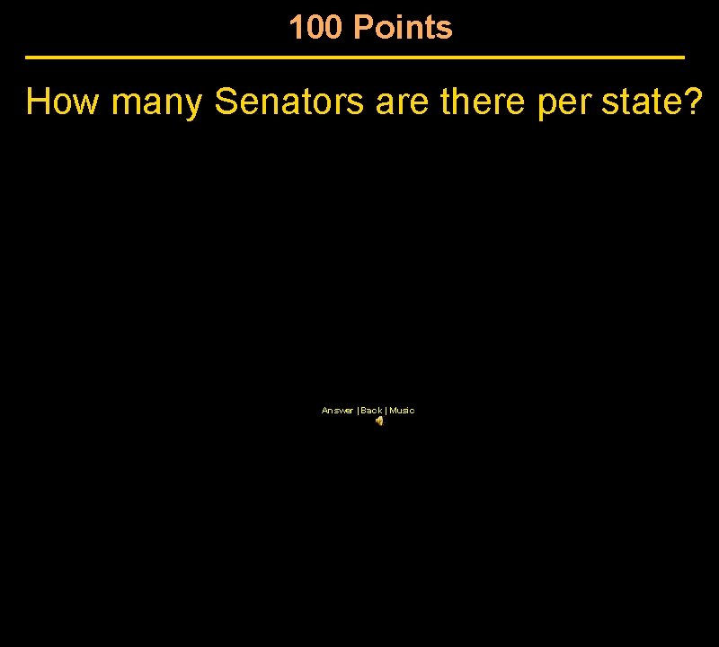 100 Points How many Senators are there per state? Answer | Back | Music