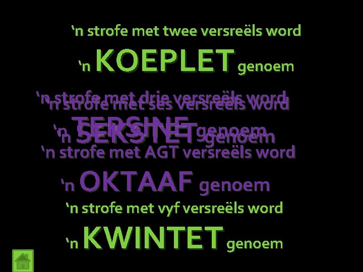 ‘n strofe met twee versreëls word ‘n KOEPLET genoem ‘n‘nstrofemet metdrie sesversreëlsword ‘n genoem