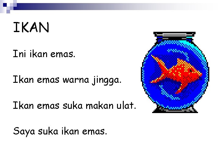 IKAN Ini ikan emas. Ikan emas warna jingga. Ikan emas suka makan ulat. Saya