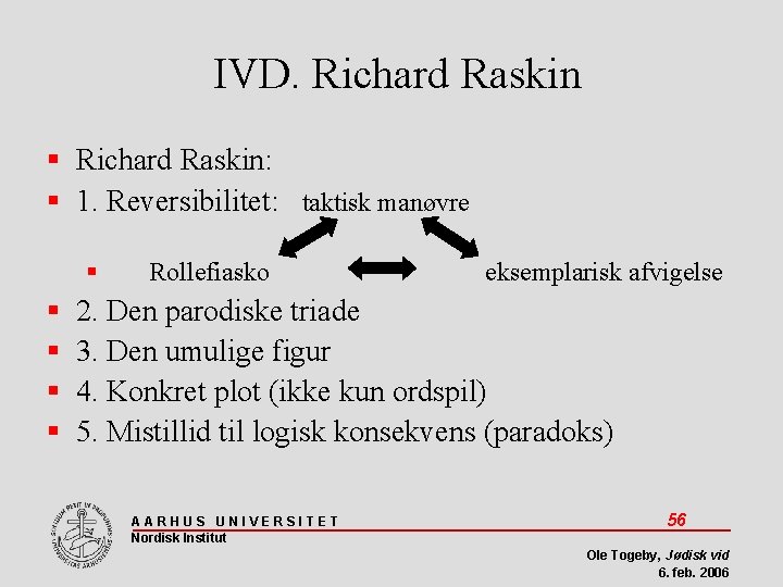 IVD. Richard Raskin: 1. Reversibilitet: taktisk manøvre Rollefiasko eksemplarisk afvigelse 2. Den parodiske triade