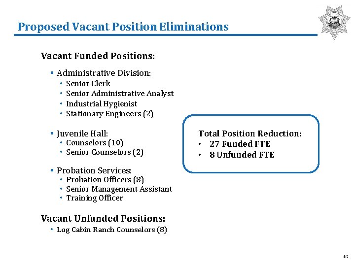 Proposed Vacant Position Eliminations Vacant Funded Positions: • Administrative Division: • • Senior Clerk