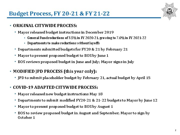 Budget Process, FY 20 -21 & FY 21 -22 • ORIGINAL CITYWIDE PROCESS: •