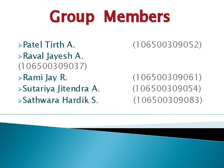Group Members ØPatel Tirth A. ØRaval Jayesh A. (106500309037) ØRami Jay R. ØSutariya Jitendra