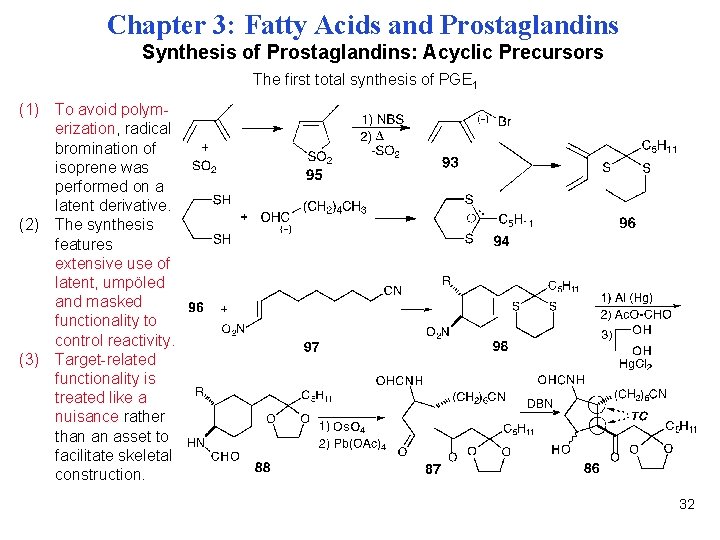 Chapter 3: Fatty Acids and Prostaglandins Synthesis of Prostaglandins: Acyclic Precursors The first total
