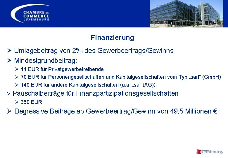 Finanzierung Ø Umlagebeitrag von 2‰ des Gewerbeertrags/Gewinns Ø Mindestgrundbeitrag: Ø 14 EUR für Privatgewerbetreibende