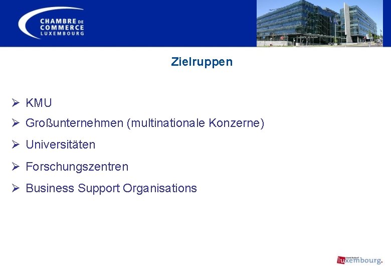 Zielruppen Ø KMU Ø Großunternehmen (multinationale Konzerne) Ø Universitäten Ø Forschungszentren Ø Business Support