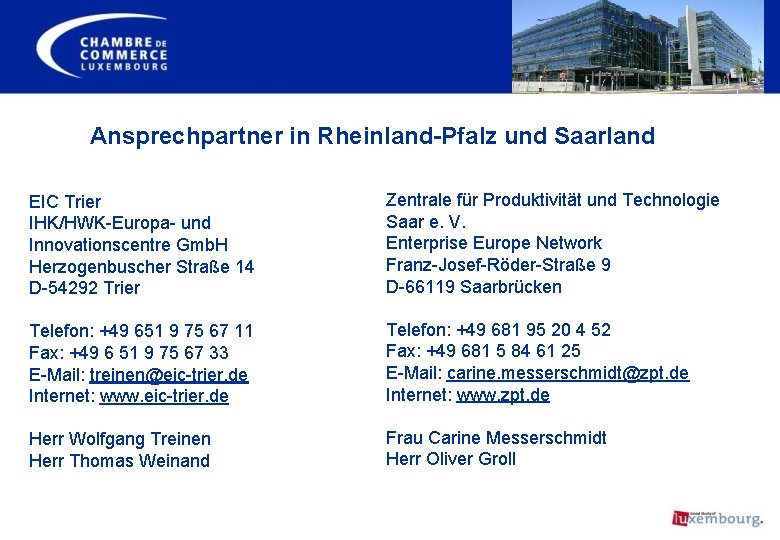 Ansprechpartner in Rheinland-Pfalz und Saarland EIC Trier IHK/HWK-Europa- und Innovationscentre Gmb. H Herzogenbuscher Straße