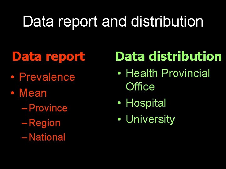 Data report and distribution Data report Data distribution • Prevalence • Mean • Health