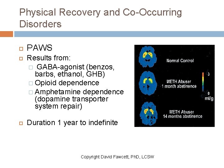 Physical Recovery and Co-Occurring Disorders PAWS Results from: � GABA-agonist (benzos, barbs, ethanol, GHB)