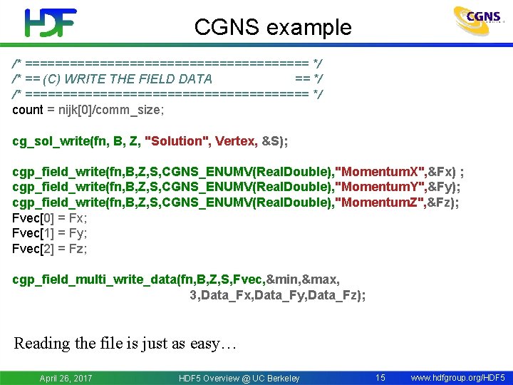 CGNS example /* =================== */ /* == (C) WRITE THE FIELD DATA == */