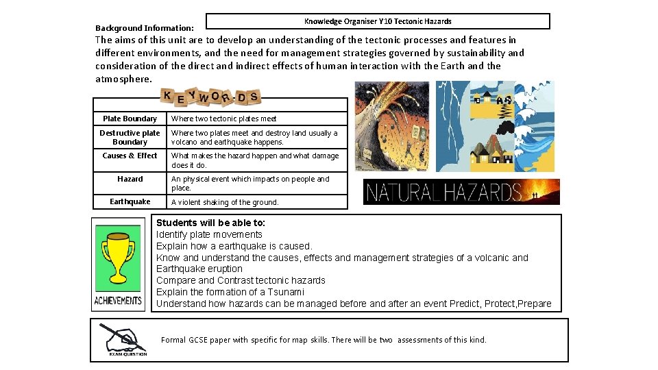 Background Information: Knowledge Organiser Y 10 Tectonic Hazards The aims of this unit are