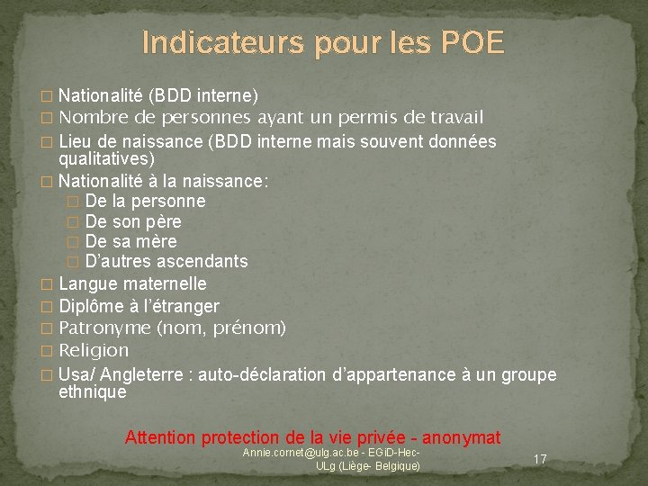 Indicateurs pour les POE � Nationalité (BDD interne) � Nombre de personnes ayant un