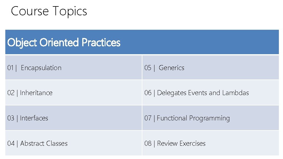 Course Topics Object Oriented Practices 01 | Encapsulation 05 | Generics 02 | Inheritance