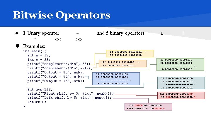 Bitwise Operators ● 1 Unary operator ^ << ● Examples: ~ >> int main(){