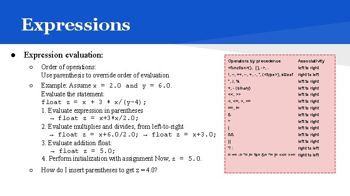 Expressions ● Expression evaluation: ○ ○ ○ Order of operations: Use parenthesis to override
