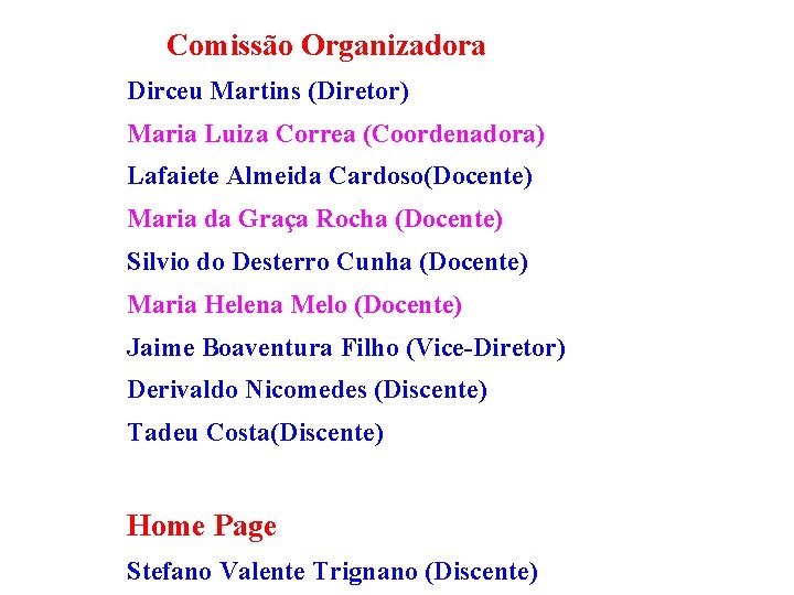 Comissão Organizadora Dirceu Martins (Diretor) Maria Luiza Correa (Coordenadora) Lafaiete Almeida Cardoso(Docente) Maria da