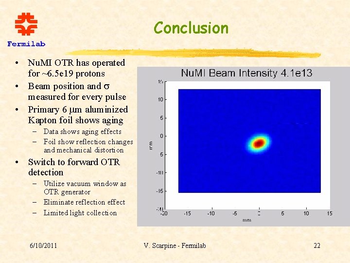 Conclusion • Nu. MI OTR has operated for ~6. 5 e 19 protons •