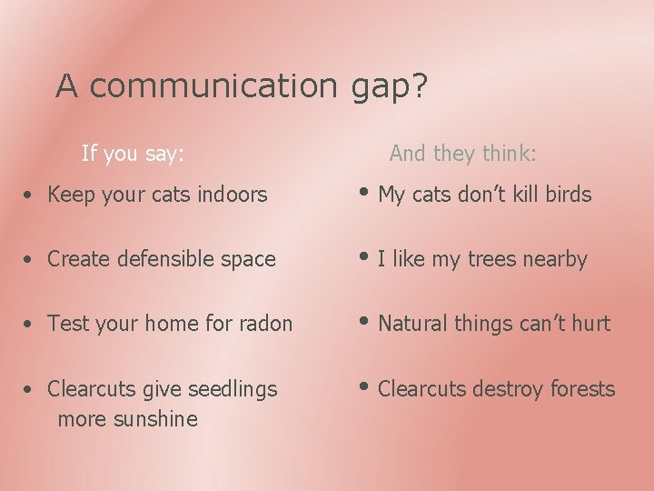 A communication gap? If you say: And they think: • Keep your cats indoors
