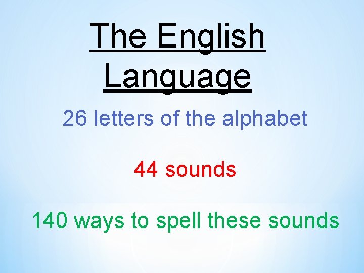 The English Language 26 letters of the alphabet 44 sounds 140 ways to spell