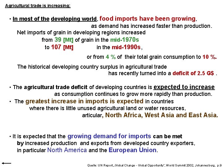 Agricultural trade is increasing: • In most of the developing world, food imports have