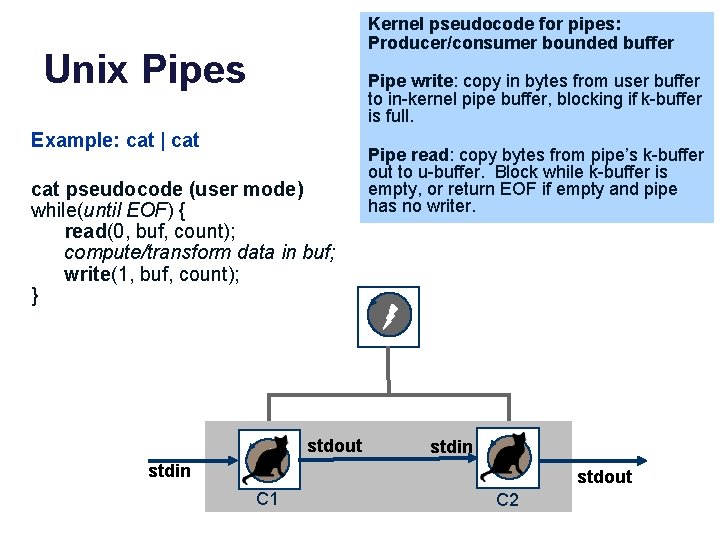 Kernel pseudocode for pipes: Producer/consumer bounded buffer Unix Pipes Pipe write: copy in bytes