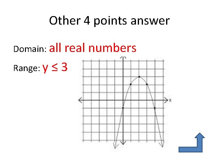 Other 4 points answer Domain: all real numbers Range: y ≤ 3 