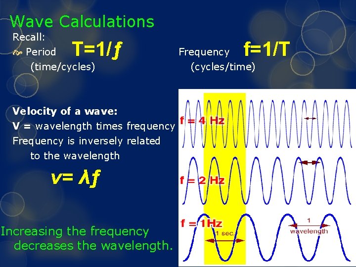 Wave Calculations Recall: T=1/ƒ Period (time/cycles) Velocity of a wave: V = wavelength times