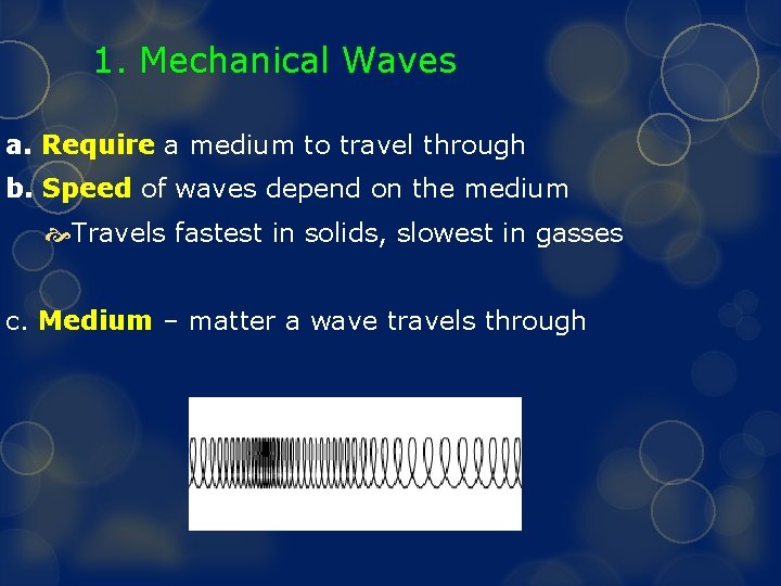 1. Mechanical Waves a. Require a medium to travel through b. Speed of waves