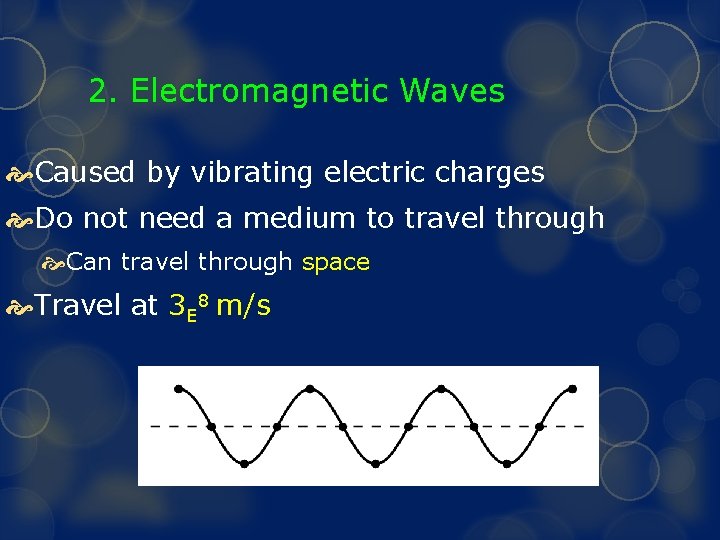 2. Electromagnetic Waves Caused by vibrating electric charges Do not need a medium to