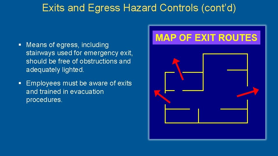 Exits and Egress Hazard Controls (cont’d) § Means of egress, including stairways used for