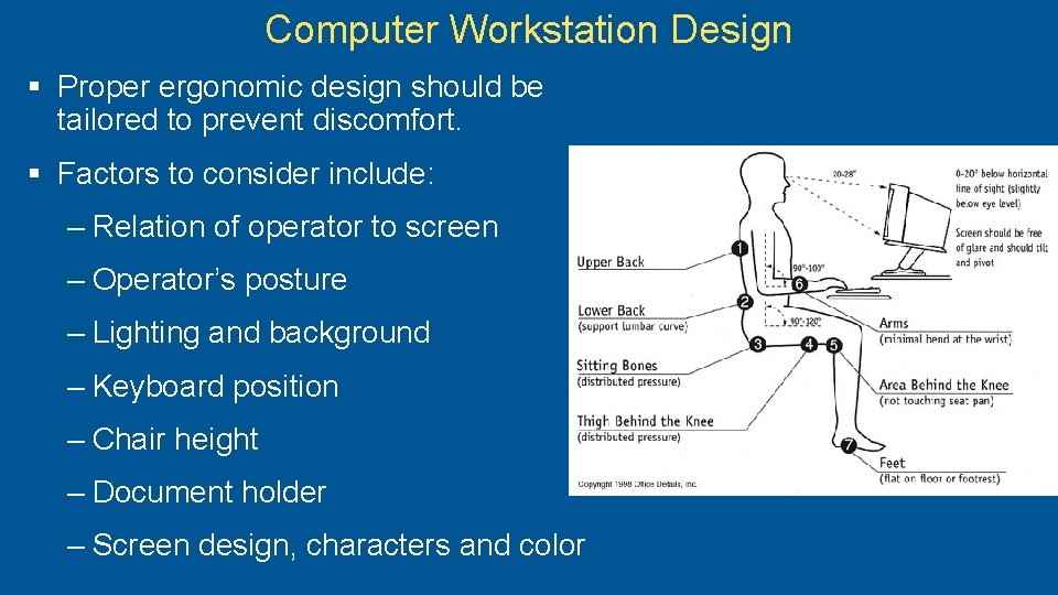 Computer Workstation Design § Proper ergonomic design should be tailored to prevent discomfort. §