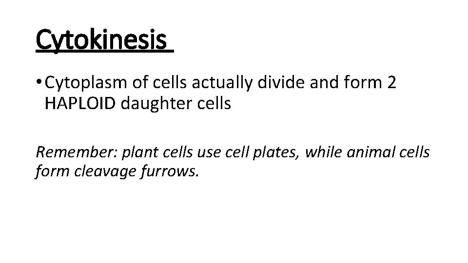 Cytokinesis • Cytoplasm of cells actually divide and form 2 HAPLOID daughter cells Remember: