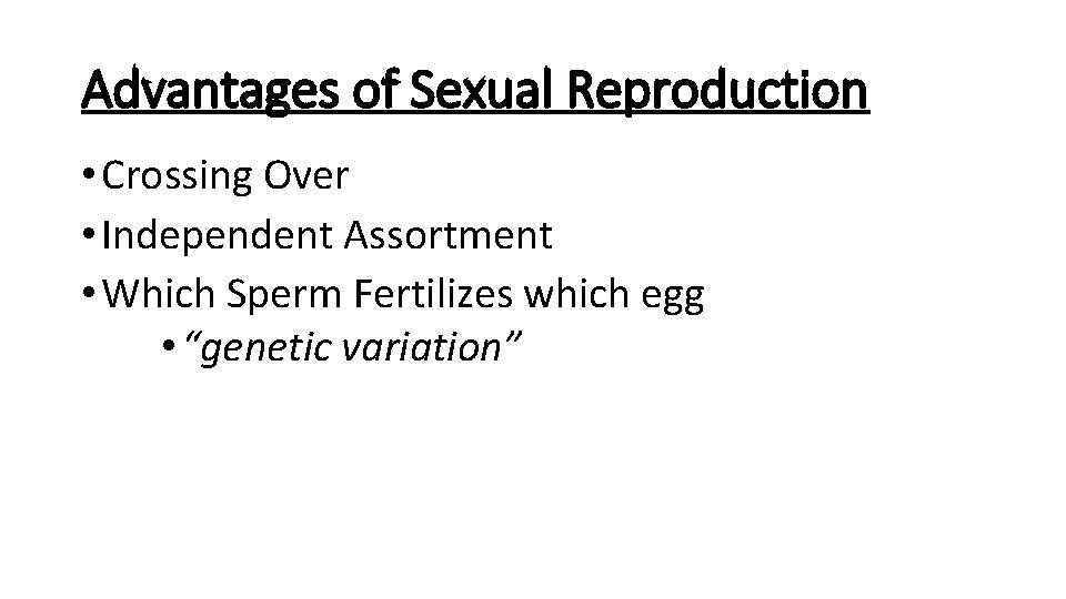Advantages of Sexual Reproduction • Crossing Over • Independent Assortment • Which Sperm Fertilizes