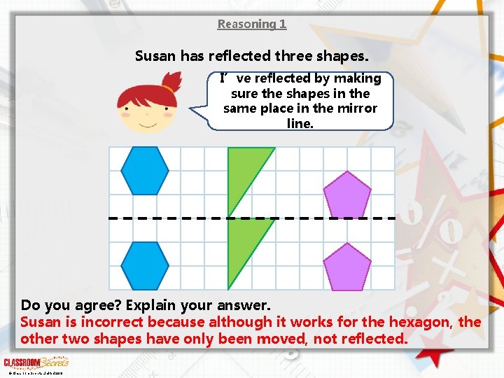 Reasoning 1 Susan has reflected three shapes. I’ve reflected by making sure the shapes