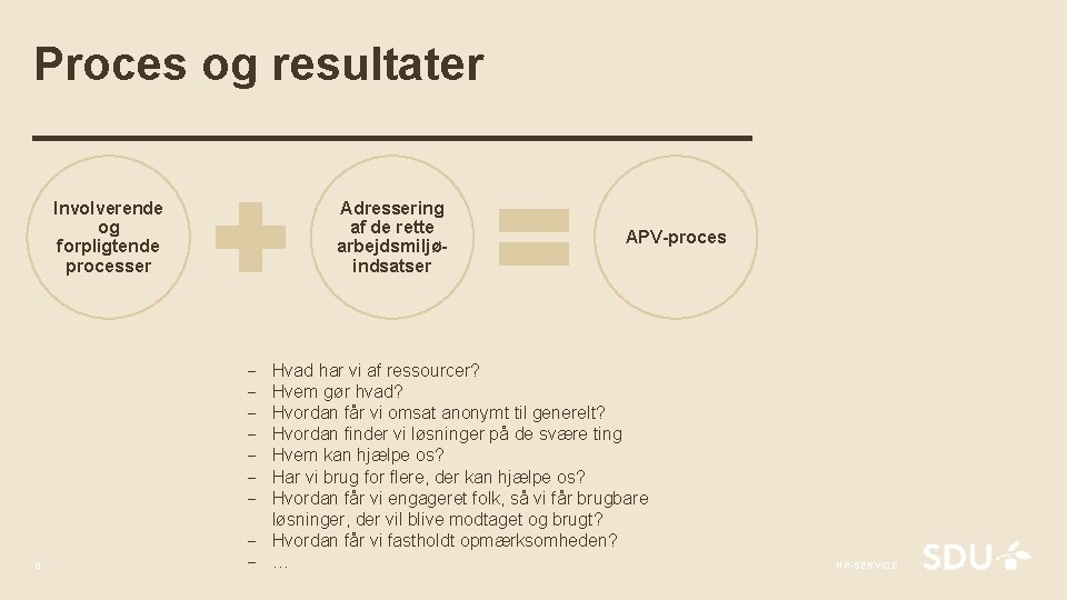 Proces og resultater Involverende og forpligtende processer Adressering af de rette arbejdsmiljøindsatser APV-proces Hvad