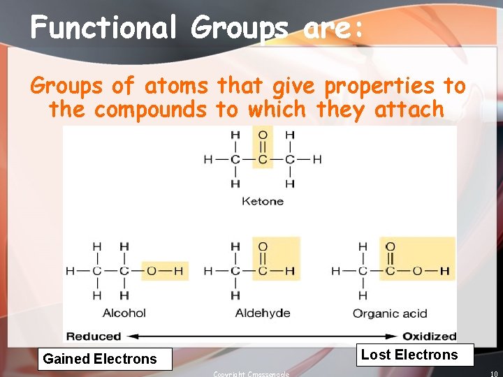 Functional Groups are: Groups of atoms that give properties to the compounds to which