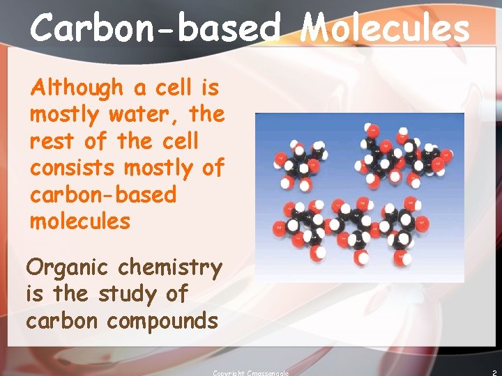 Carbon-based Molecules Although a cell is mostly water, the rest of the cell consists