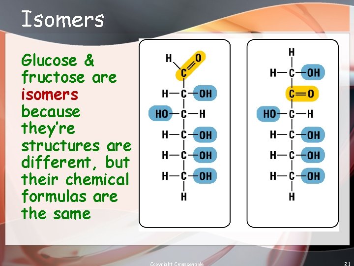 Isomers Glucose & fructose are isomers because they’re structures are different, but their chemical