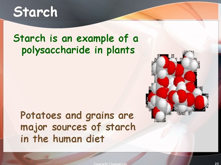 Starch is an example of a polysaccharide in plants Potatoes and grains are major