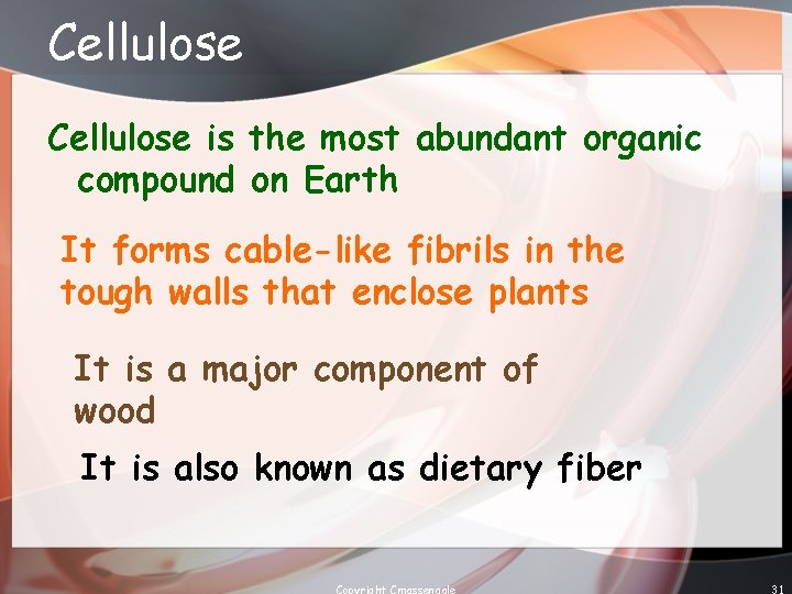 Cellulose is the most abundant organic compound on Earth It forms cable-like fibrils in
