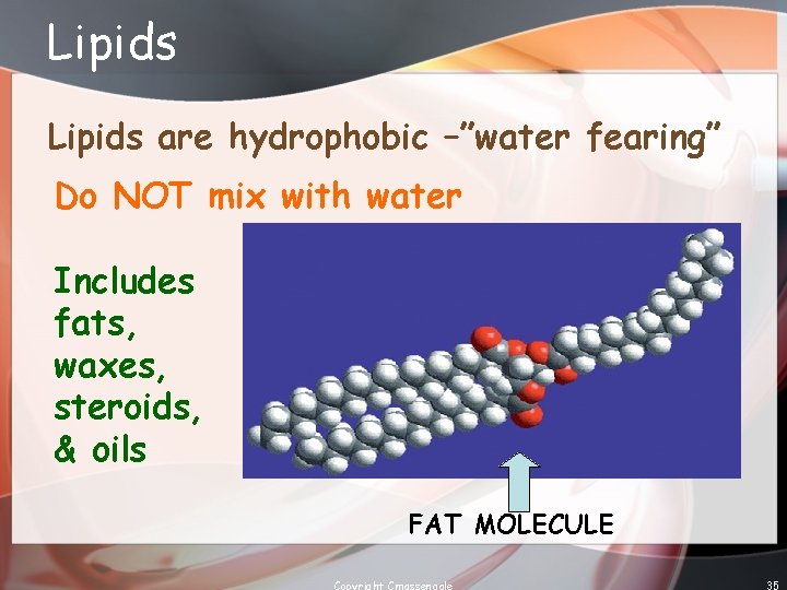 Lipids are hydrophobic –”water fearing” Do NOT mix with water Includes fats, waxes, steroids,