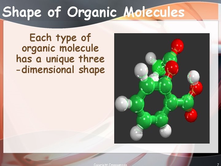 Shape of Organic Molecules Each type of organic molecule has a unique three -dimensional