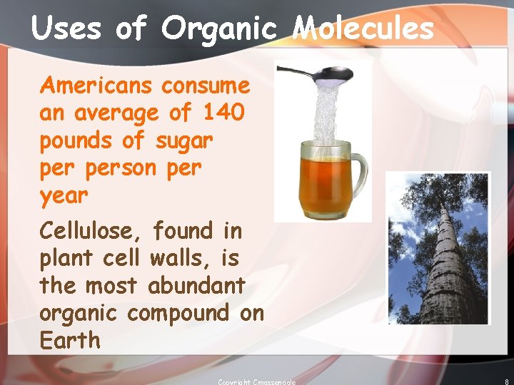 Uses of Organic Molecules Americans consume an average of 140 pounds of sugar person