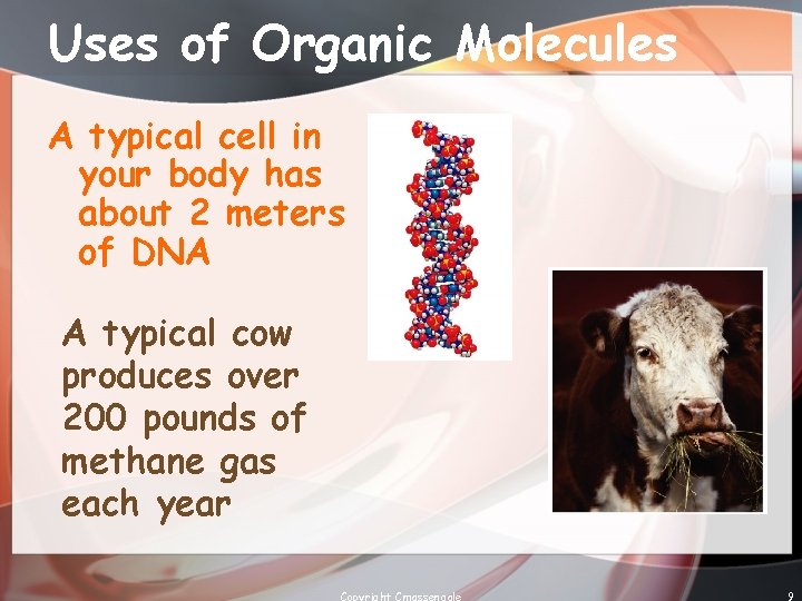 Uses of Organic Molecules A typical cell in your body has about 2 meters