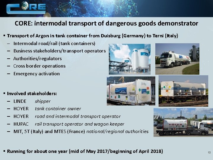 CORE: intermodal transport of dangerous goods demonstrator § Transport of Argon in tank container