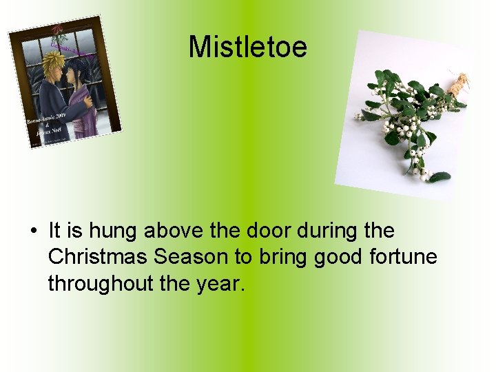 Mistletoe • It is hung above the door during the Christmas Season to bring